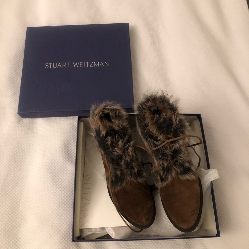 Stuart Weitzman Brown Suede Faux Fur Ankle Bootie